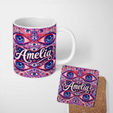 Personalized Custom Name Psychedelic Multiple Eyes Seamless Pattern Vibrant Surreal Repeating 11oz Ceramic Coffee Tea Mug White Large Handle