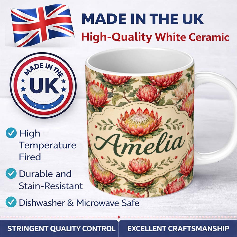 Personalized Custom Name Red and Cream Protea Floral Botanical Seamless Pattern Lovely 11oz Ceramic Coffee Tea Mug White Large Handle