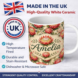 Personalized Custom Name Red and Cream Protea Floral Botanical Seamless Pattern Lovely 11oz Ceramic Coffee Tea Mug White Large Handle