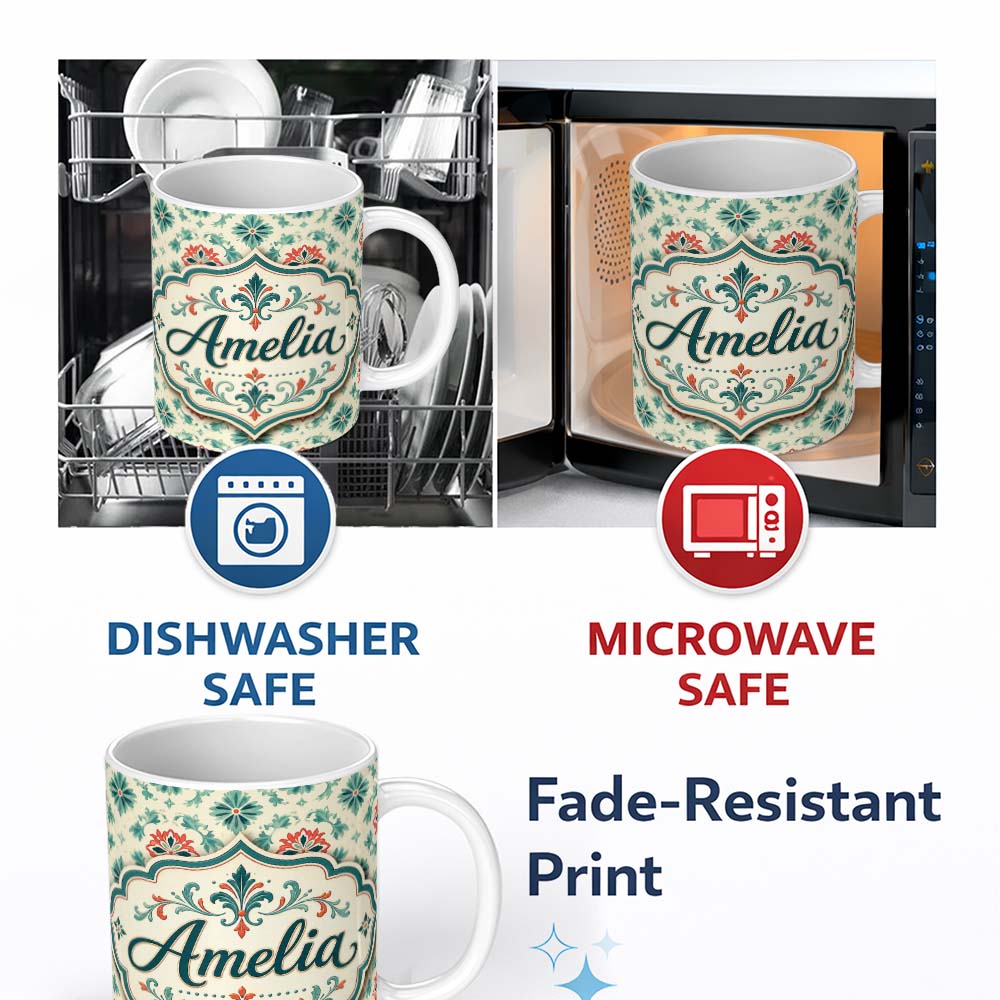 Personalized Custom Name Vintage Inspired Floral Medallion Teal and Red Seamless Pattern 11oz Ceramic Coffee Tea Mug White Large Handle