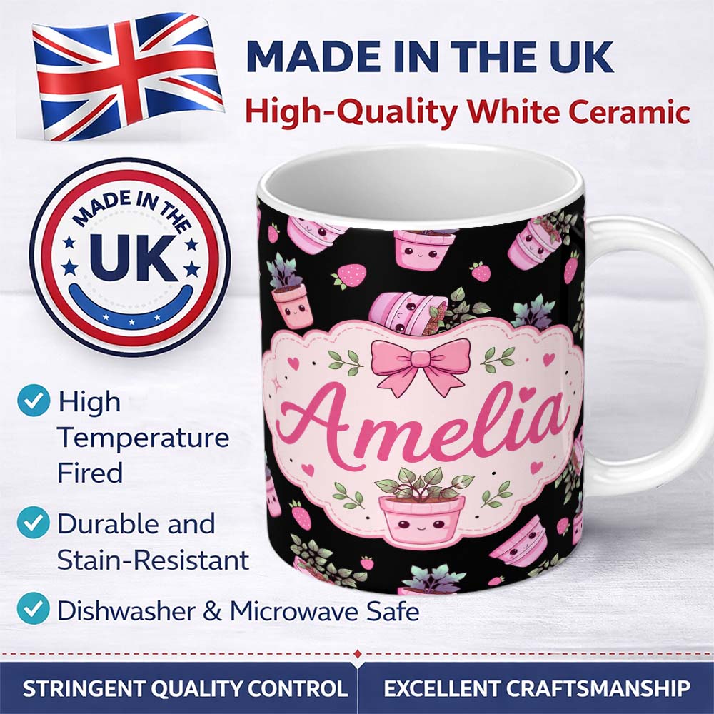 Personalized Custom Name Cute Pink Plant Pots Leaves Strawberry Seamless Pattern Black Lovely 11oz Ceramic Coffee Tea Mug White Large Handle