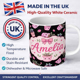 Personalized Custom Name Cute Pink Plant Pots Leaves Strawberry Seamless Pattern Black Lovely 11oz Ceramic Coffee Tea Mug White Large Handle