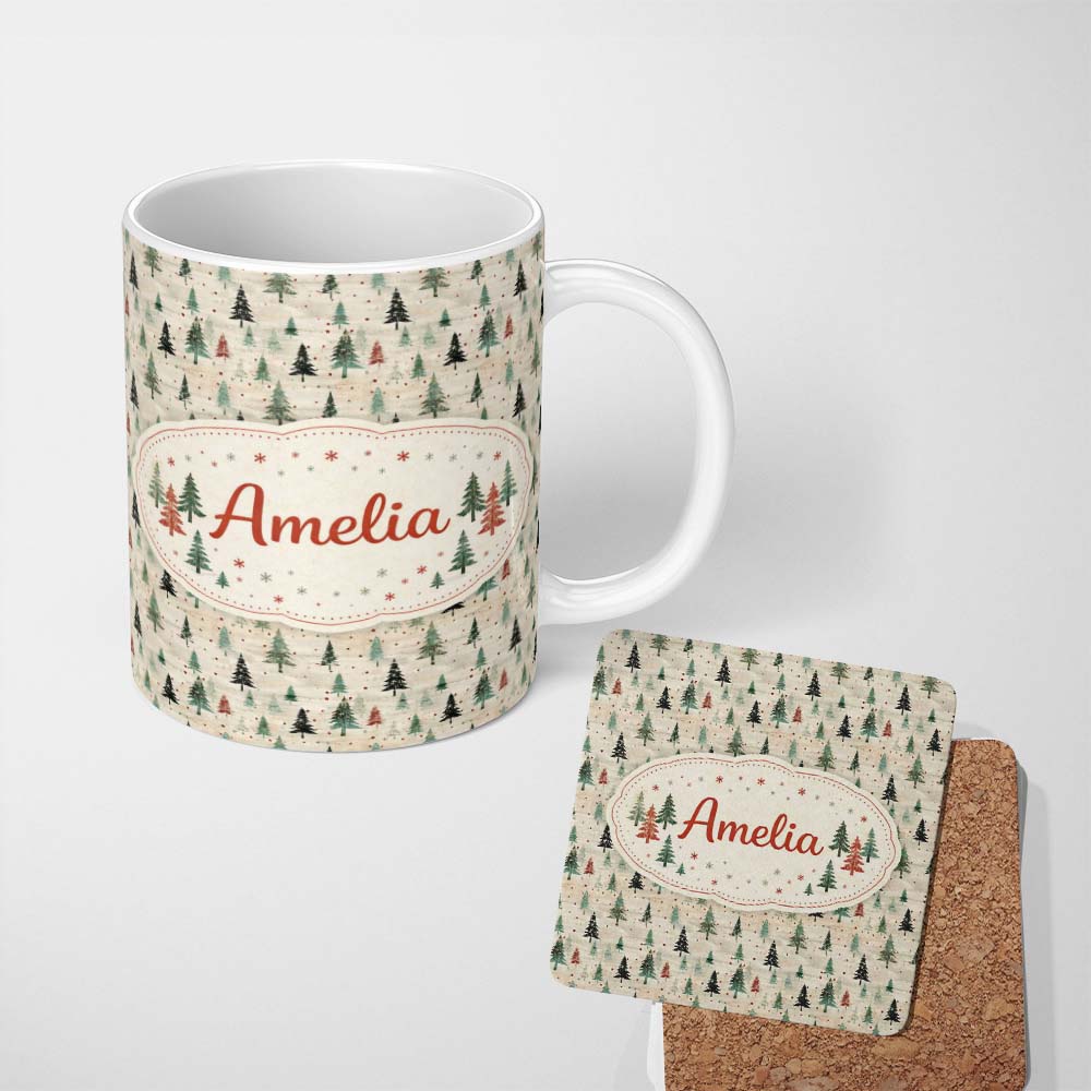 Personalized Custom Name Watercolor Christmas Tree Green Orange Forest Seamless Pattern 11oz Ceramic Coffee Tea Mug White Large Handle
