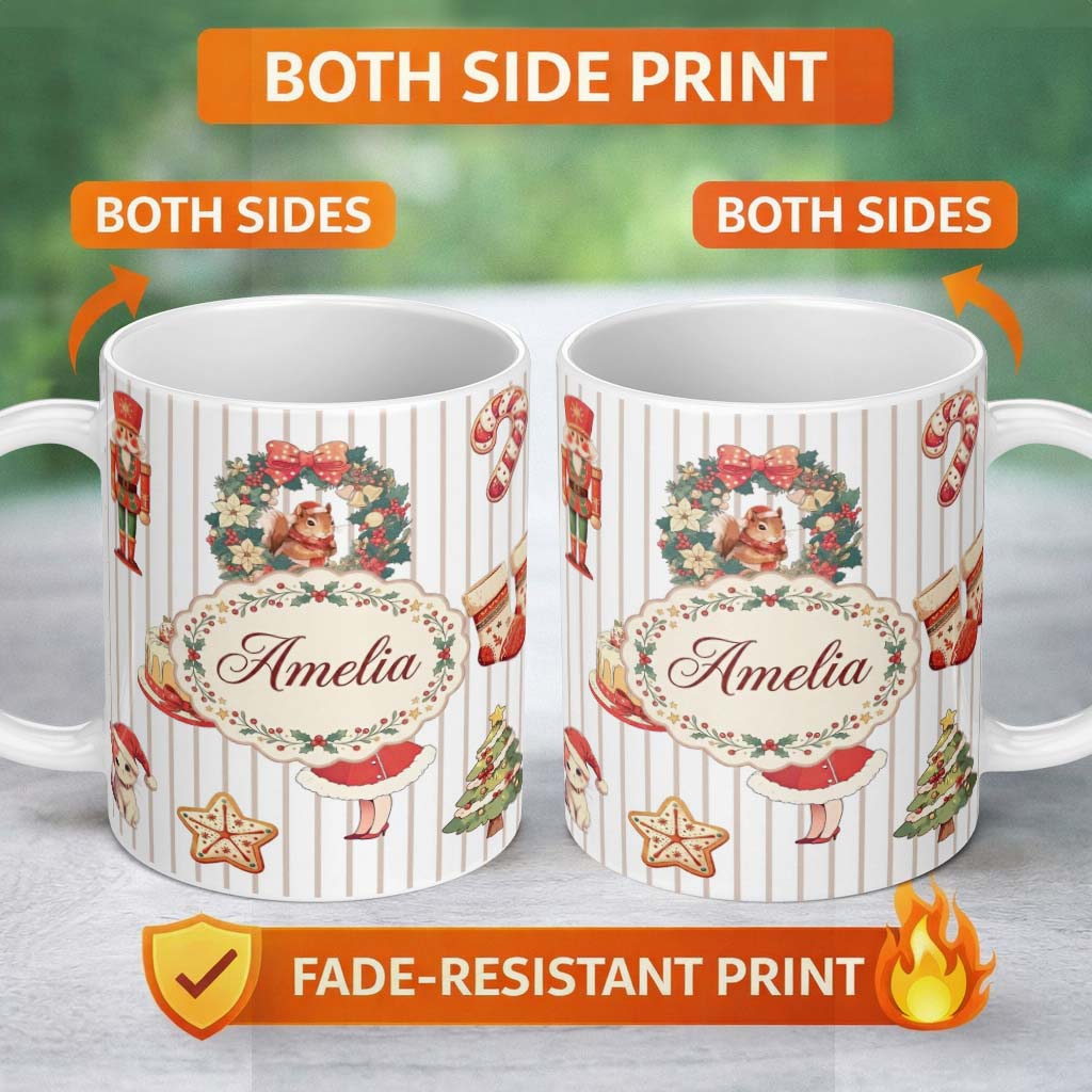 Personalized Custom Name Christmas Nutcracker Squirrel Candy Cane Girl Tree Neutral Stripe 11oz Ceramic Coffee Tea Mug White Large Handle