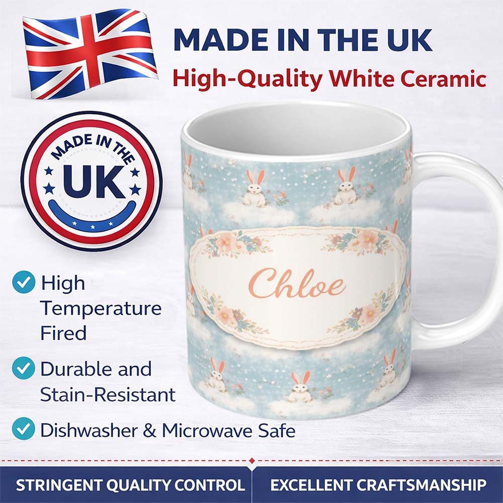 Personalized Custom Name Minimal Bunny Snow Field Seamless Pattern Cute Unique Gift Lovely 11oz Ceramic Coffee Tea Mug White Large Handle