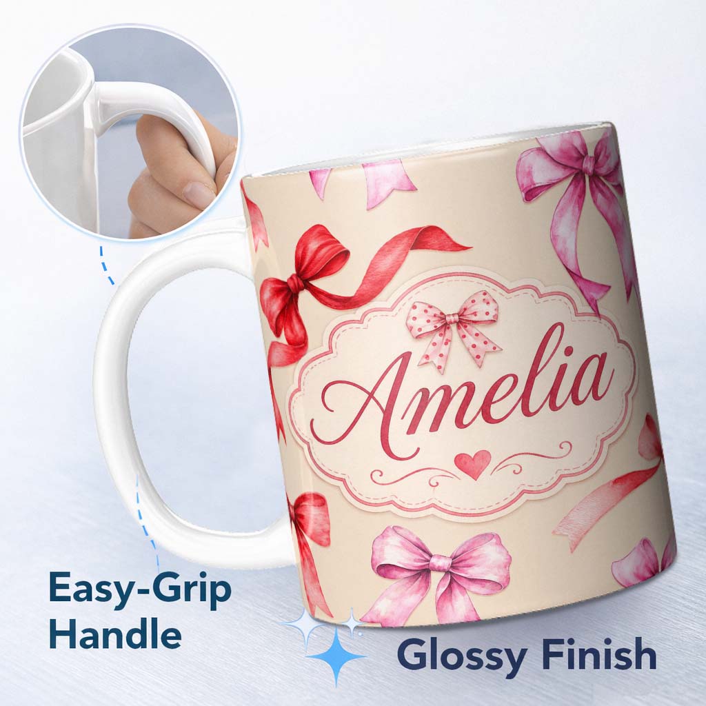 Personalized Custom Name Watercolor Ribbon Bow Seamless Pattern on Lavender Background Lovely 11oz Ceramic Coffee Tea Mug White Large Handle