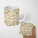 Personalized Custom Name Soft Blush Cream Roses with Green Foliage Seamless Pattern Lovely 11oz Ceramic Coffee Tea Mug White Large Handle