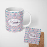 Personalized Custom Name Pastel Art Nouveau Floral Soft Pink and Blue Seamless Pattern Lovely 11oz Ceramic Coffee Tea Mug White Large Handle