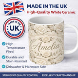 Personalized Custom Name Vintage Cream Rose Floral Seamless Pattern Thoughtful Gift Idea 11oz Ceramic Coffee Tea Mug White Large Handle