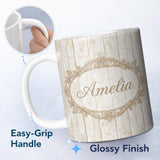 Personalized Custom Name Rustic Whitewashed Wooden Plank Texture Seamless Pattern Lovely 11oz Ceramic Coffee Tea Mug White Large Handle