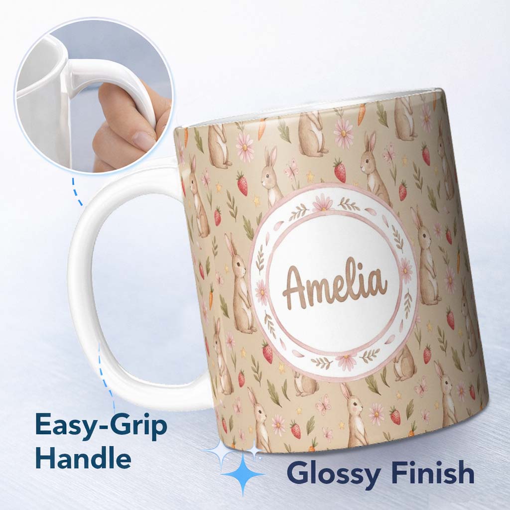 Personalized Custom Name Easter Bunnies with Flowers Carrots Light Neutral Seamless Pattern 11oz Ceramic Coffee Tea Mug White Large Handle
