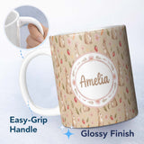 Personalized Custom Name Easter Bunnies with Flowers Carrots Light Neutral Seamless Pattern 11oz Ceramic Coffee Tea Mug White Large Handle
