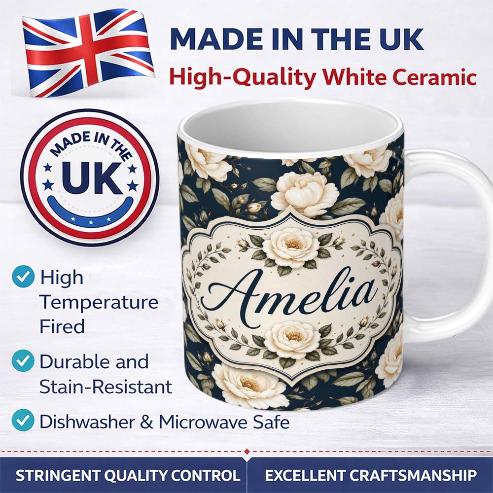 Personalized Custom Name Elegant Beige Roses on Black Floral Seamless Pattern Lovely 11oz Ceramic Coffee Tea Mug White Large Handle