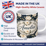 Personalized Custom Name Elegant Beige Roses on Black Floral Seamless Pattern Lovely 11oz Ceramic Coffee Tea Mug White Large Handle