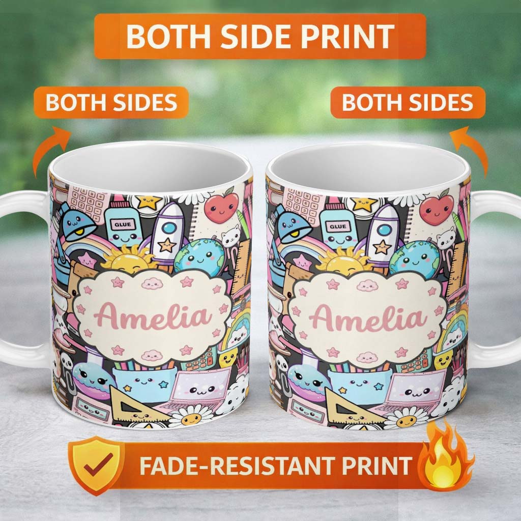 Personalized Custom Name Cute Kawaii School Supplies Science Art Cute Pattern Dark Background 11oz Ceramic Coffee Tea Mug White Large Handle