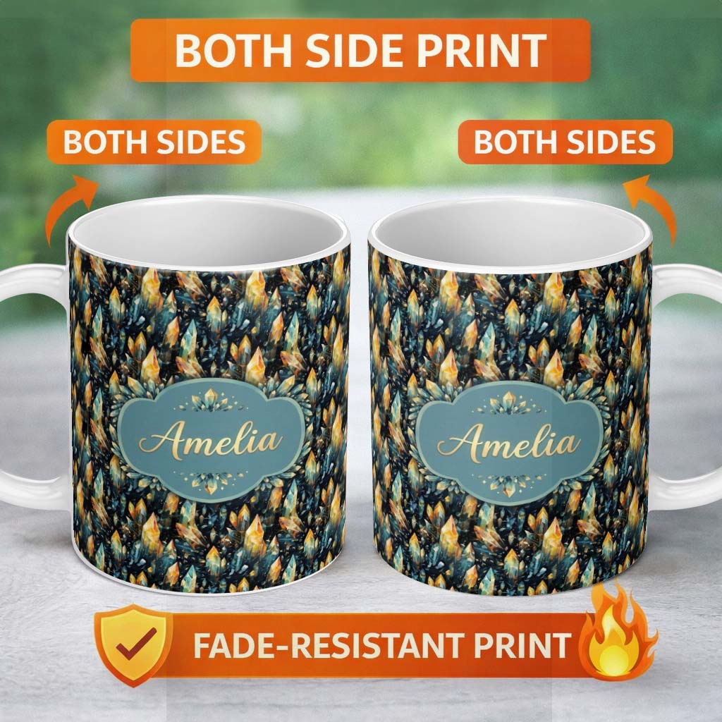 Personalized Custom Name Vibrant Abstract Crystal Seamless Pattern Dark Artistic Gemstone 11oz Ceramic Coffee Tea Mug White Large Handle