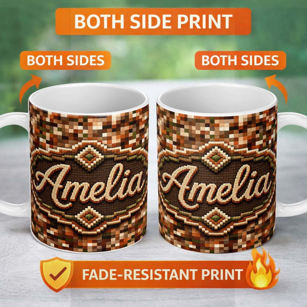 Personalized Custom Name Earth Tone Pixel Mosaic Abstract Seamless Pattern Cute Unique Gift 11oz Ceramic Coffee Tea Mug White Large Handle