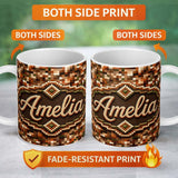 Personalized Custom Name Earth Tone Pixel Mosaic Abstract Seamless Pattern Cute Unique Gift 11oz Ceramic Coffee Tea Mug White Large Handle