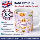 Personalized Custom Name Cute Watercolor Pumpkins and Candy Sweets on Warm Beige Background 11oz Ceramic Coffee Tea Mug White Large Handle