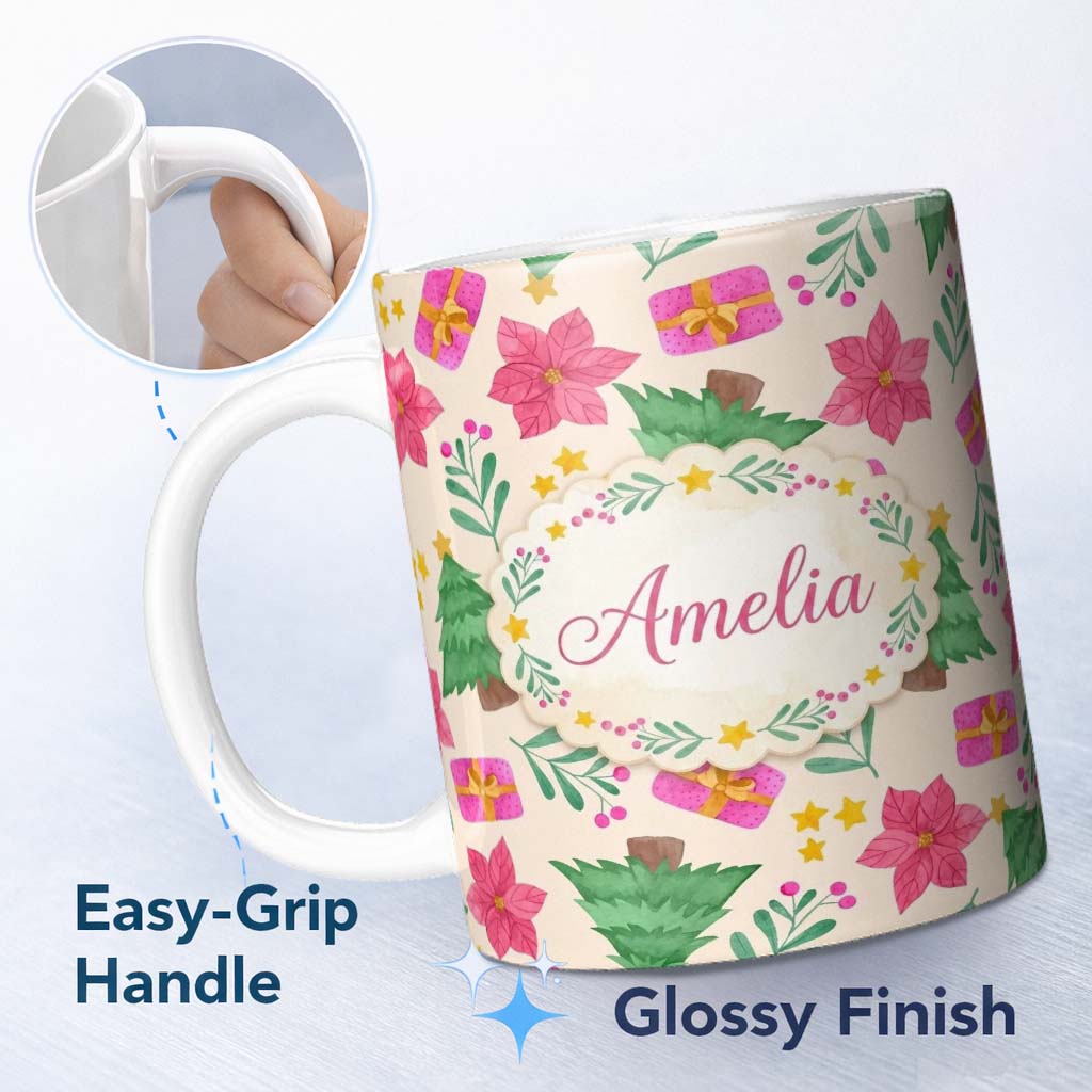 Personalized Custom Name Watercolor Christmas Poinsettia Gift Seamless Pattern Lovely 11oz Ceramic Coffee Tea Mug White Large Handle