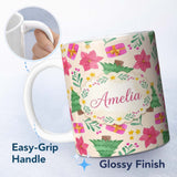 Personalized Custom Name Watercolor Christmas Poinsettia Gift Seamless Pattern Lovely 11oz Ceramic Coffee Tea Mug White Large Handle