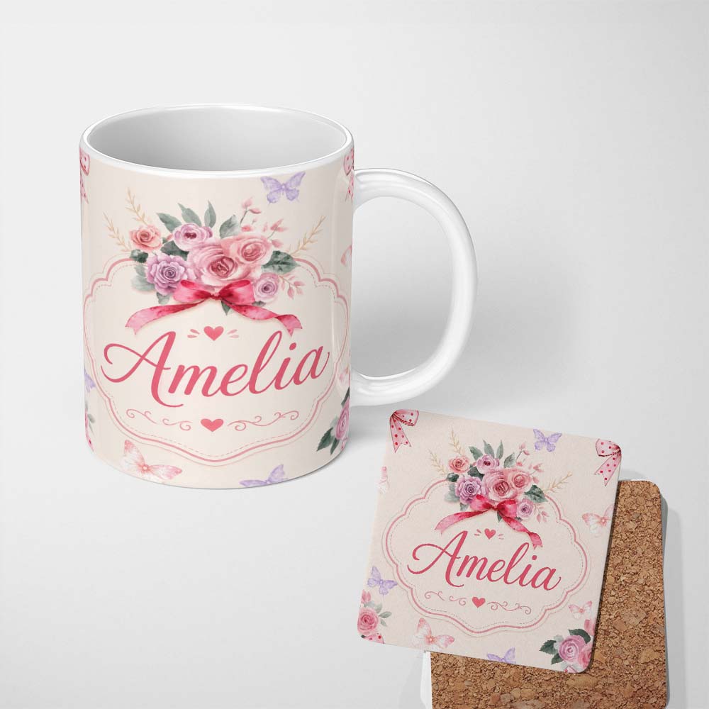 Personalized Custom Name Cute Watercolor Roses Bouquet with Red Ribbon Neutral Beige Lovely 11oz Ceramic Coffee Tea Mug White Large Handle