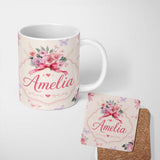 Personalized Custom Name Cute Watercolor Roses Bouquet with Red Ribbon Neutral Beige Lovely 11oz Ceramic Coffee Tea Mug White Large Handle