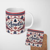 Personalized Custom Name Cute Red White Blue Nordic Christmas Tree Snowflake Seamless Pattern 11oz Ceramic Coffee Tea Mug White Large Handle