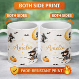 Personalized Custom Name Cute Halloween Witch Girl Cat and Crescent Moon Light Grey Lovely 11oz Ceramic Coffee Tea Mug White Large Handle