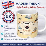 Personalized Custom Name Cute Halloween Dracula Ghost Bats on Warm Beige Background Seamless 11oz Ceramic Coffee Tea Mug White Large Handle