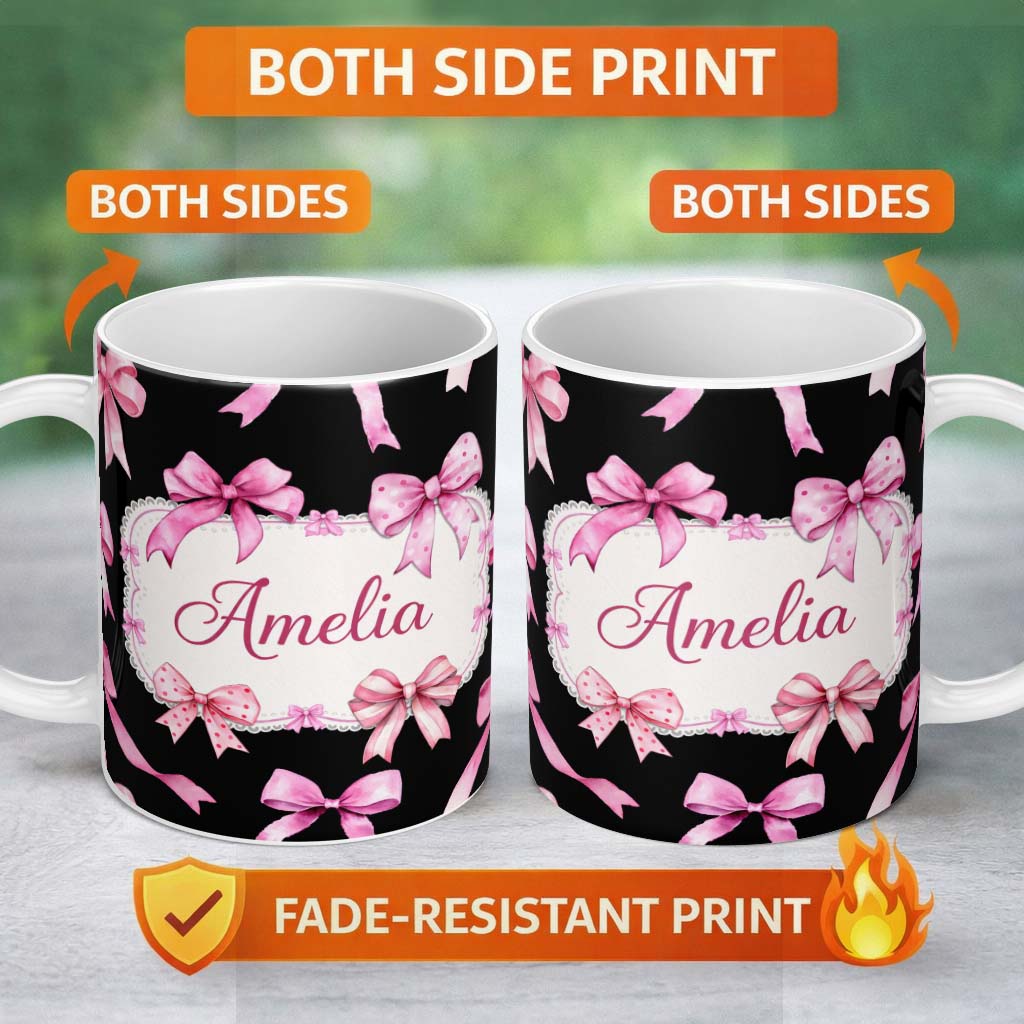 Personalized Custom Name Watercolor Pink Ribbon Bow Seamless Pattern on Light Grey Background 11oz Ceramic Coffee Tea Mug White Large Handle