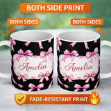 Personalized Custom Name Watercolor Pink Ribbon Bow Seamless Pattern on Light Grey Background 11oz Ceramic Coffee Tea Mug White Large Handle