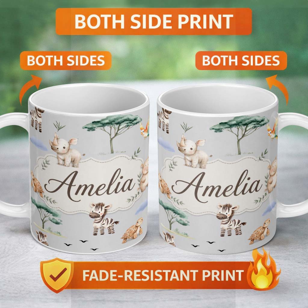 Personalized Custom Name Cute Safari Animals Zebra Rhino Turtle on grey Seamless Pattern 11oz Ceramic Coffee Tea Mug White Large Handle