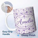 Personalized Custom Name Delicate Purple Floral Vine Ditsy Seamless Pattern Cute Unique Gift 11oz Ceramic Coffee Tea Mug White Large Handle