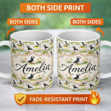 Personalized Custom Name Watercolor Puffin Birds in Floral Meadow Garden Seamless Pattern 11oz Ceramic Coffee Tea Mug White Large Handle