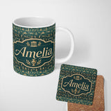 Personalized Custom Name Ancient Greek Scene Architecture and Figures Seamless Pattern Lovely 11oz Ceramic Coffee Tea Mug White Large Handle