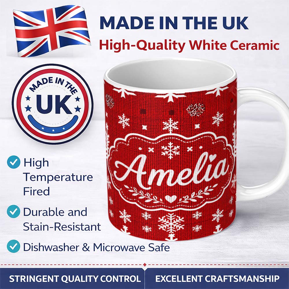 Personalized Custom Name Red White Christmas Tree Snowflake Knit Seamless Pattern Lovely 11oz Ceramic Coffee Tea Mug White Large Handle