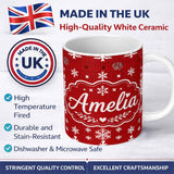 Personalized Custom Name Red White Christmas Tree Snowflake Knit Seamless Pattern Lovely 11oz Ceramic Coffee Tea Mug White Large Handle