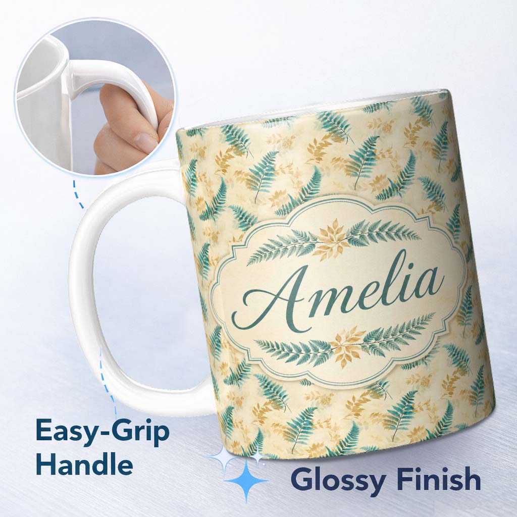 Personalized Custom Name Teal and Mustard Fern Botanical Watercolor Seamless Pattern Lovely 11oz Ceramic Coffee Tea Mug White Large Handle