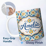 Personalized Custom Name Vibrant Watercolour Floral Tile Pattern in Blue Orange and Yellow 11oz Ceramic Coffee Tea Mug White Large Handle