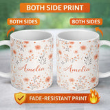 Personalized Custom Name Blush Floral Botanical Moon Pattern Seamless Elegant Watercolour 11oz Ceramic Coffee Tea Mug White Large Handle