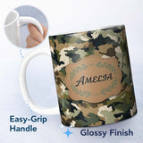 Personalized Custom Name Soft Olive Mixed Camouflage Seamless Pattern Perfect Gift for Her 11oz Ceramic Coffee Tea Mug White Large Handle