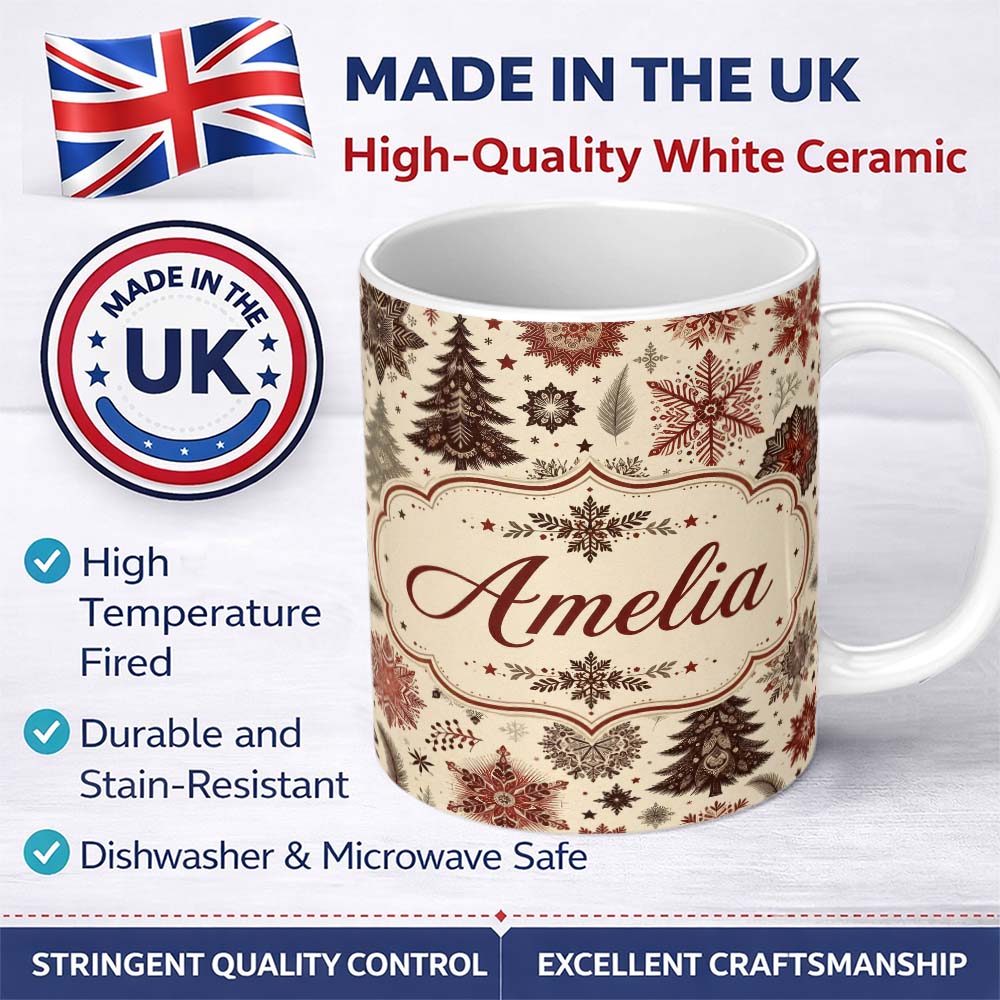 Personalized Custom Name Elegant Snowflake Winter Pattern Pine Trees Red Neutral Seamless 11oz Ceramic Coffee Tea Mug White Large Handle