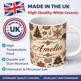 Personalized Custom Name Elegant Snowflake Winter Pattern Pine Trees Red Neutral Seamless 11oz Ceramic Coffee Tea Mug White Large Handle