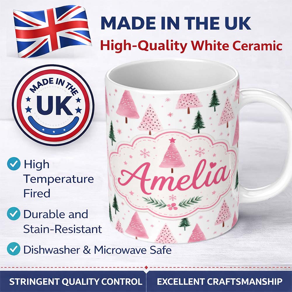 Personalized Custom Name Watercolor Pink Green Christmas Trees Seamless Pattern Lovely 11oz Ceramic Coffee Tea Mug White Large Handle