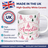 Personalized Custom Name Watercolor Pink Green Christmas Trees Seamless Pattern Lovely 11oz Ceramic Coffee Tea Mug White Large Handle
