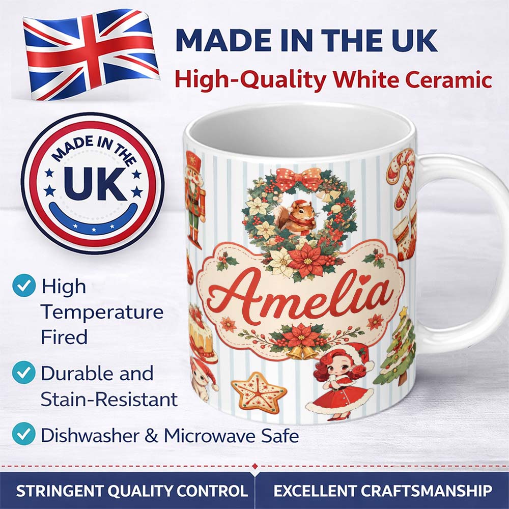 Personalized Custom Name Christmas Nutcracker Squirrel Cake Candy Cane Girl Tree lue Stripe 11oz Ceramic Coffee Tea Mug White Large Handle