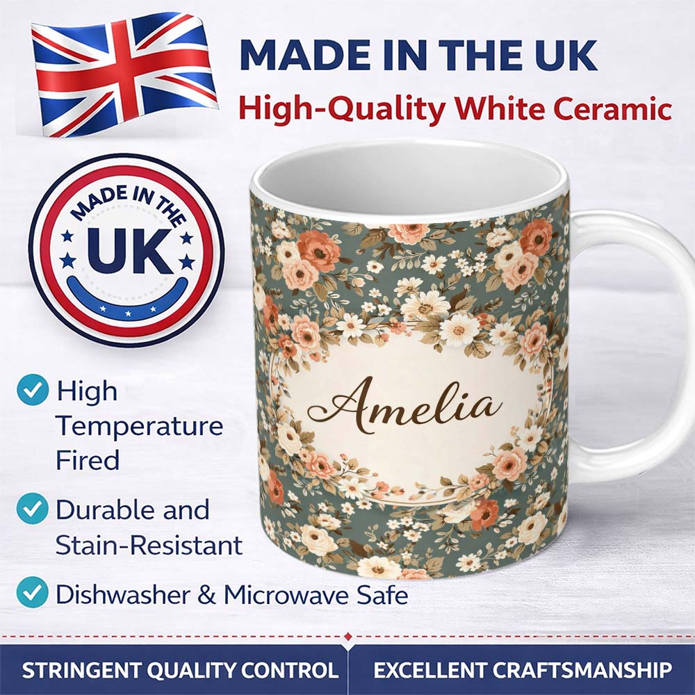 Personalized Custom Name Vintage Floral Rose Pattern Sage Green Background Seamless Design 11oz Ceramic Coffee Tea Mug White Large Handle