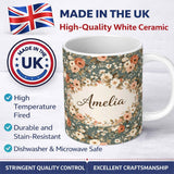 Personalized Custom Name Vintage Floral Rose Pattern Sage Green Background Seamless Design 11oz Ceramic Coffee Tea Mug White Large Handle