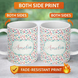 Personalized Custom Name Watercolor Cherry Bow Ribbon Pink Gingham Picnic Check Seamless 11oz Ceramic Coffee Tea Mug White Large Handle